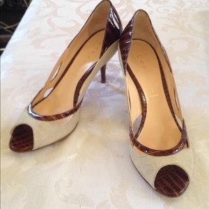 Casadei Sz 8 Linen & Snakeskin Open Toe Heels